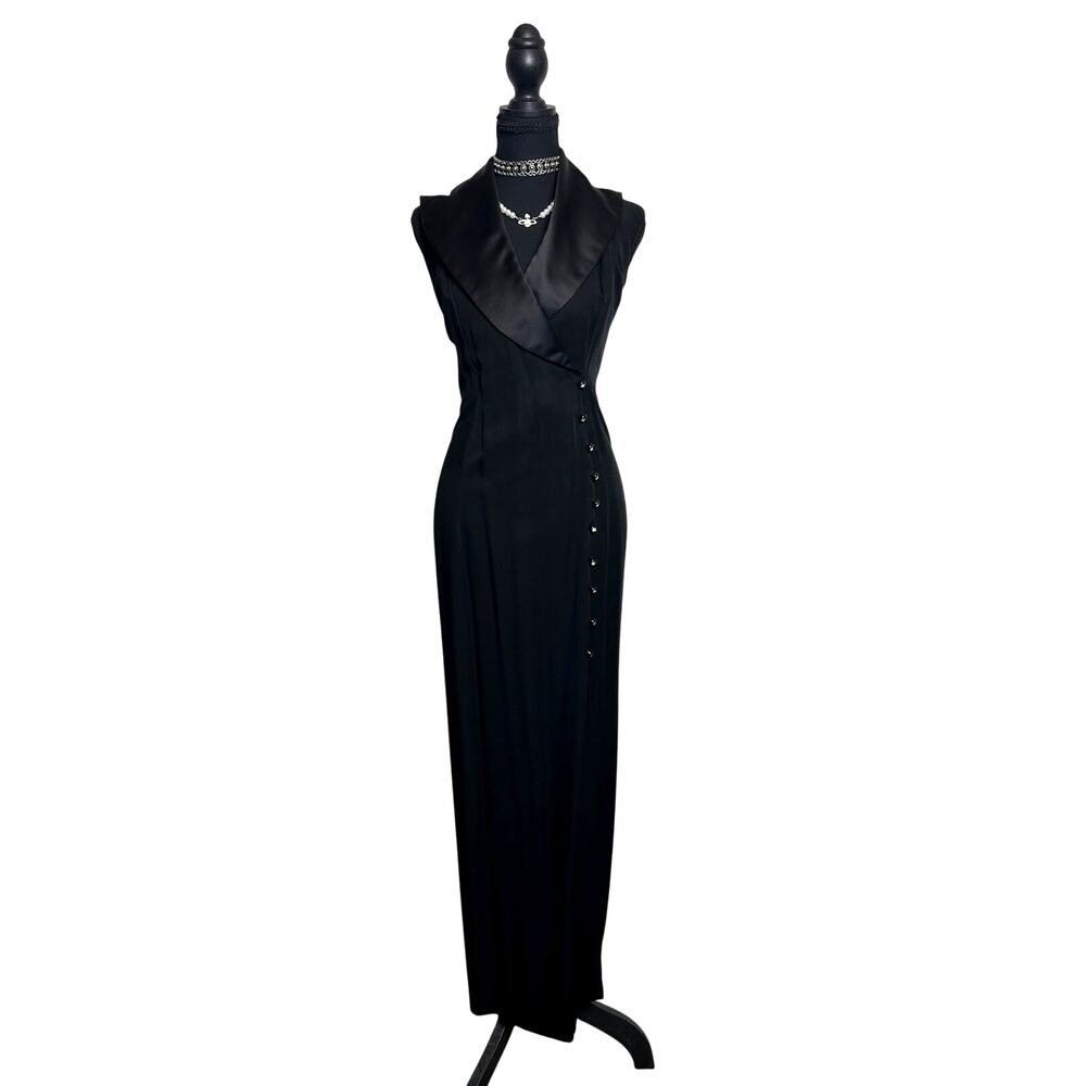 Dave & Johnny Black Tuxedo Maxi Dress Side Slit Formal Gown Met Gala Inspired